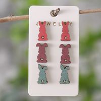 3 Pairs Cute Rabbit Cartoon Character Carrot Wood Ear Studs sku image 3