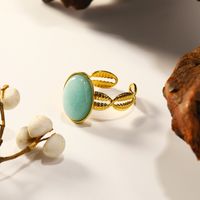 304 Stainless Steel 14K Gold Plated Retro Plating Inlay Solid Color Natural Stone Opal Open Rings main image 3