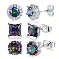 3 Pairs Rock Square Plating Inlay Copper Zircon White Gold Plated Ear Studs main image 1