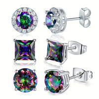 3 Pairs Rock Square Plating Inlay Copper Zircon White Gold Plated Ear Studs main image 6