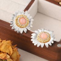 1 Pair Simple Style Classic Style Flower Plating Inlay Copper Natural Stone Zircon 18k Gold Plated Ear Studs main image 3
