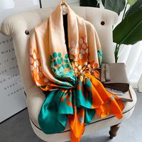 Women's Classic Style Color Block Satin Printing And Dyeing Flowers Silk Scarf sku image 7