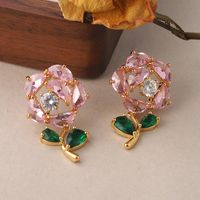 1 Pair Sweet Rose Plating Inlay Copper Zircon 18k Gold Plated Ear Studs main image 1