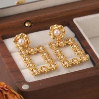 1 Pair Vintage Style Square Plating Inlay Copper Pearl 18k Middle Ancient Gold Drop Earrings main image 1