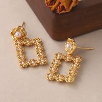 1 Pair Vintage Style Square Plating Inlay Copper Pearl 18k Middle Ancient Gold Drop Earrings main image 3