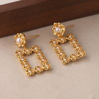 1 Pair Vintage Style Square Plating Inlay Copper Pearl 18k Middle Ancient Gold Drop Earrings main image 4