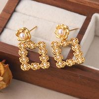 1 Pair Vintage Style Square Plating Inlay Copper Pearl 18k Middle Ancient Gold Drop Earrings main image 5