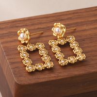 1 Pair Vintage Style Square Plating Inlay Copper Pearl 18k Middle Ancient Gold Drop Earrings main image 6