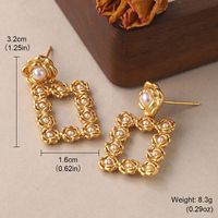 1 Pair Vintage Style Square Plating Inlay Copper Pearl 18k Middle Ancient Gold Drop Earrings main image 2