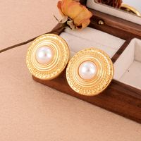 1 Pair Elegant French Style Round Copper Pearl 18k Gold Plated Ear Studs main image 6