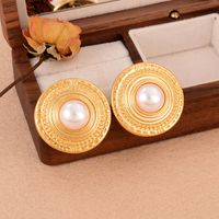 1 Pair Elegant French Style Round Copper Pearl 18k Gold Plated Ear Studs main image 5