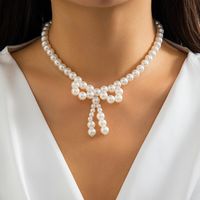 Modern Style Sweet Shiny Bow Knot Beaded Imitation Pearl Beaded Knitting Women's Necklace main image video