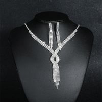 Fashion Water Droplets Tassel Artificial Crystal Metal Inlay Rhinestones Earrings Necklace 1 Set sku image 1