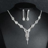 Fashion Water Droplets Tassel Artificial Crystal Metal Inlay Rhinestones Earrings Necklace 1 Set sku image 4