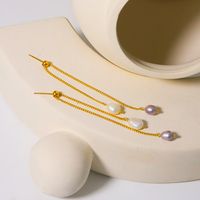 1 Pair Elegant Simple Style Geometric Tassel Freshwater Pearl 18k Gold Plated Drop Earrings main image 7