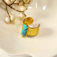 304 Stainless Steel 14K Gold Plated Retro Plating Inlay Round Natural Stone Opal Open Rings main image 2