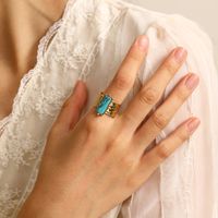 304 Stainless Steel 14K Gold Plated Retro Plating Inlay Round Natural Stone Opal Open Rings main image 5