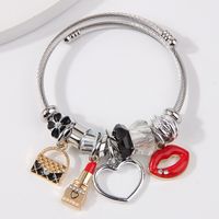 Simple Style Lipstick Lips Heart Shape Stainless Steel Alloy Enamel Hollow Out Inlay Rhinestones Bangle sku image 1