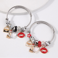 Simple Style Lipstick Lips Heart Shape Stainless Steel Alloy Enamel Hollow Out Inlay Rhinestones Bangle main image 3
