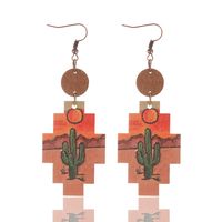 1 Pair Vintage Style Ethnic Style Cactus Sunflower Sun Printing Wood Drop Earrings main image 3