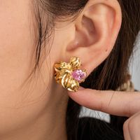 1 Pair Vintage Style French Style Simple Style Flower Stainless Steel Zircon 18k Gold Plated Ear Studs main image 6