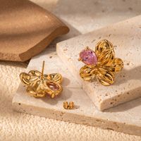 1 Pair Vintage Style French Style Simple Style Flower Stainless Steel Zircon 18k Gold Plated Ear Studs main image 7