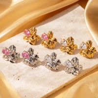 1 Pair Vintage Style French Style Simple Style Flower Stainless Steel Zircon 18k Gold Plated Ear Studs main image 8