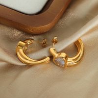 1 Pair Casual Elegant Simple Style C Shape Heart Shape Lines Plating Inlay Titanium Steel Zircon 18k Gold Plated Ear Studs main image 9