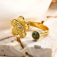 304 Stainless Steel 14K Gold Plated Simple Style Plating Inlay Flower Natural Stone Zircon Open Rings main image 4