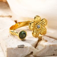 304 Stainless Steel 14K Gold Plated Simple Style Plating Inlay Flower Natural Stone Zircon Open Rings main image 1