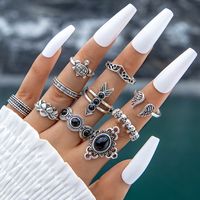 Bohemian Retro Flower Ring 11 Piece Set Hollow Carved Black Gem Joint Ring New Wholesale Nihaojewelry sku image 8