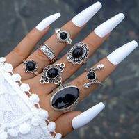 Bohemian Retro Flower Ring 11 Piece Set Hollow Carved Black Gem Joint Ring New Wholesale Nihaojewelry sku image 11