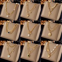 Ig Style Simple Style Geometric Titanium Steel Plating Inlay Artificial Pearls Rhinestones Shell Necklace main image 1