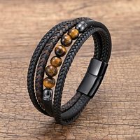 Estilo Vintage Ronda Cuerda De Cuero Piedra Metal En Capas Hecho A Mano Botón Metálico Hombres Brazalete sku image 1