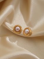 1 Pair Casual Elegant Geometric Inlay Artificial Pearl Copper Pearl 18k Gold Plated Ear Studs main image 7