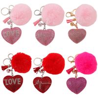 Simple Style Love Heart Shape Alloy Korean Velvet Pom Poms Tassel Inlay Rhinestones Valentine's Day Bag Pendant Keychain main image 4
