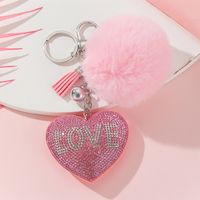 Simple Style Love Heart Shape Alloy Korean Velvet Pom Poms Tassel Inlay Rhinestones Valentine's Day Bag Pendant Keychain sku image 1