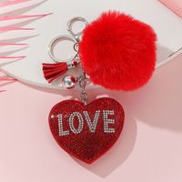 Simple Style Love Heart Shape Alloy Korean Velvet Pom Poms Tassel Inlay Rhinestones Valentine's Day Bag Pendant Keychain sku image 2