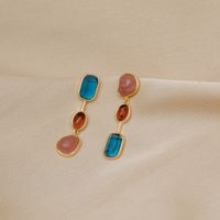 Retro Round Square Copper Plating Inlay Natural Stone Crystal Drop Earrings 1 Pair sku image 1