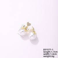 1 Piece Simple Style Heart Shape Bow Knot Plating Inlay Copper Pearl Zircon Gold Plated Ear Studs main image 2