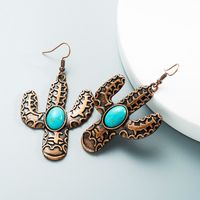 1 Pair Vintage Style Cactus Plating Inlay Alloy Turquoise Rhodium Plated Drop Earrings main image 3