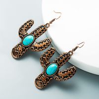 1 Pair Vintage Style Cactus Plating Inlay Alloy Turquoise Rhodium Plated Drop Earrings main image 5