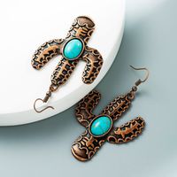 1 Pair Vintage Style Cactus Plating Inlay Alloy Turquoise Rhodium Plated Drop Earrings main image 4