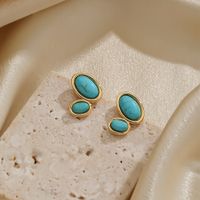 1 Pair Elegant Simple Style Geometric Inlay Copper Resin Turquoise 18k Gold Plated Ear Studs main image 1
