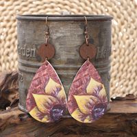 1 Pair Vintage Style Sunflower Flower Printing Pu Leather Drop Earrings main image 5