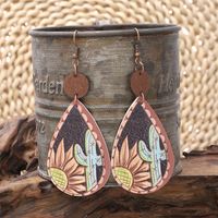 1 Pair Simple Style Classic Style Cactus Sunflower Cattle Patchwork Pu Leather Drop Earrings main image 5
