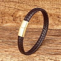 Classic Style Round 316L Stainless Steel  Pu Leather Handmade Metal Button Unisex Wristband sku image 1