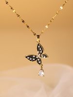Elegant Glam Butterfly Stainless Steel Enamel Plating Inlay Artificial Pearls Zircon 18k Gold Plated Pendant Necklace main image 3