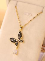 Elegant Glam Butterfly Stainless Steel Enamel Plating Inlay Artificial Pearls Zircon 18k Gold Plated Pendant Necklace main image 4
