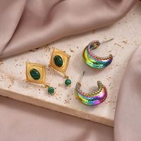 1 Pair Vintage Style Vacation C Shape Square Plating Inlay 304 Stainless Steel Turquoise Turquoise 14K Gold Plated Drop Earrings Ear Studs main image 1